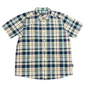 Patagonia Fezzman Shirt Men's Large Plaid SS Organic Cotton Button-Up Blue 53963
